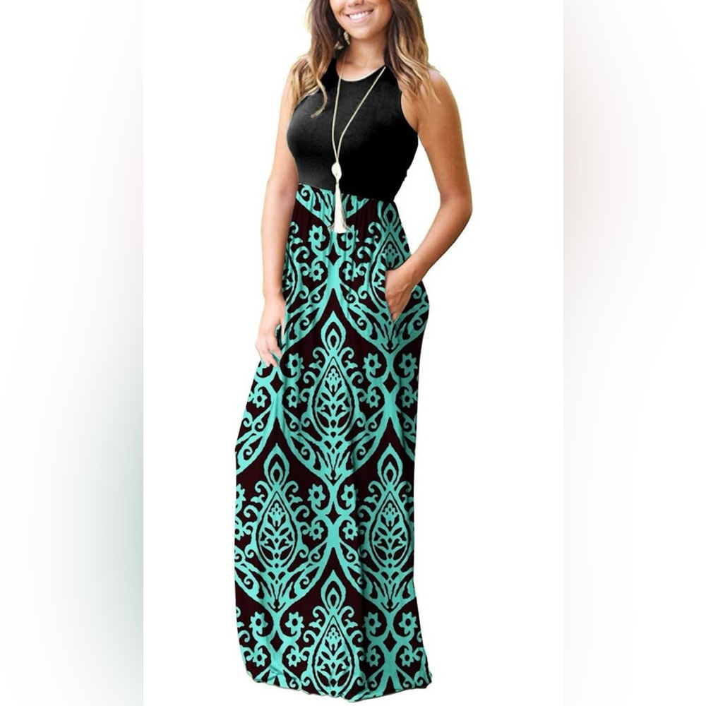 Black and Teal Damask Patterned Maxi Dress with Pockets